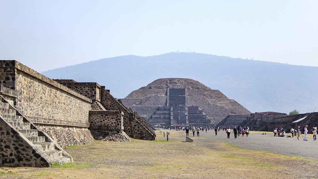 Pyramid of the Moon viewed from a distance in Teotihuacan, Mexico.