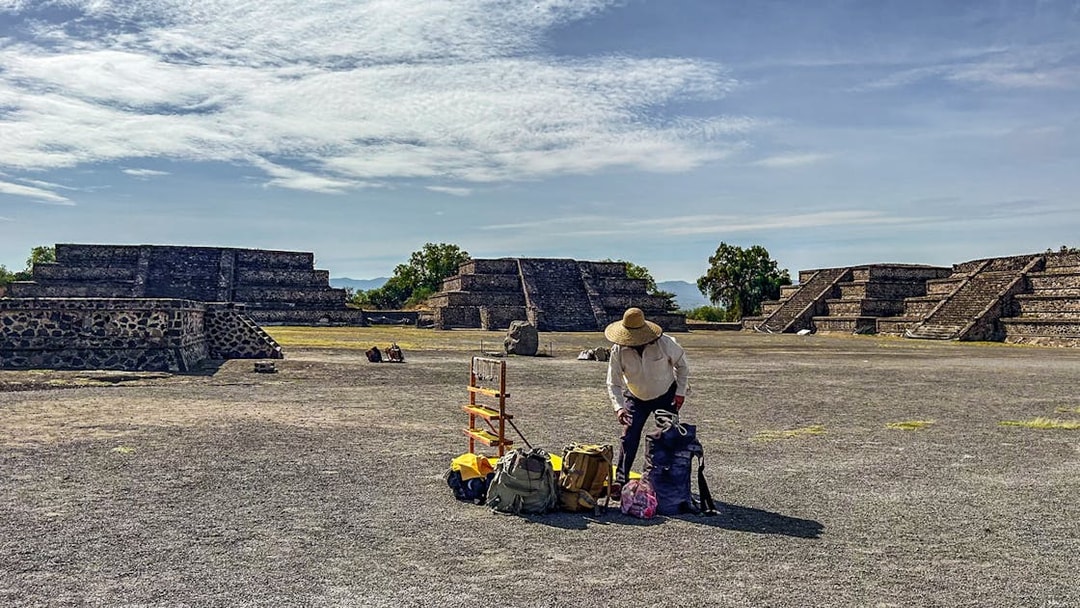 Vendor setting up near ruins along Avenue of the Dead, Teotihuacan.