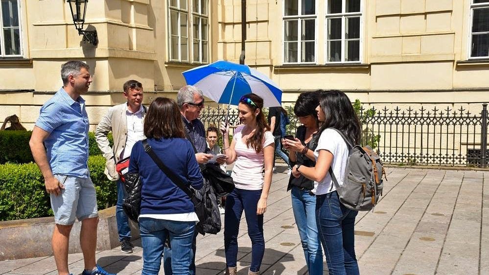 Tour group gathering in Prague for Terezin Concentration Camp visit.