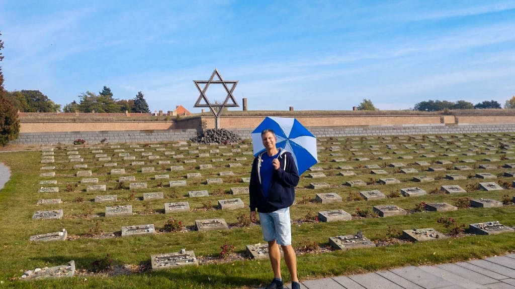 Terezin Concentration Camp memorial site with Star of David monument, Prague tour.
