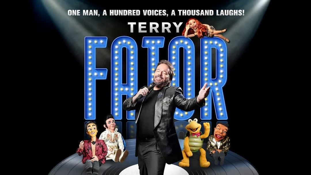 Terry Fator performing with puppets on stage, showcasing "One Man, a Hundred Voices, a Thousand Laughs!