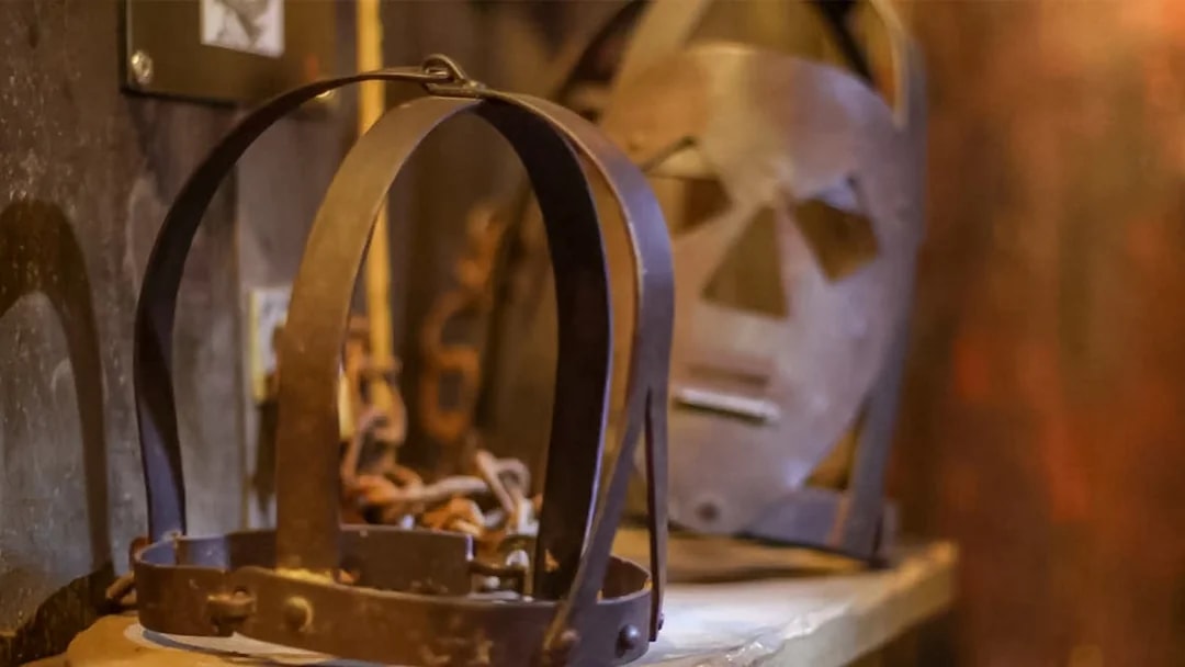 Medieval torture devices on display at The Clink Prison Museum, London.