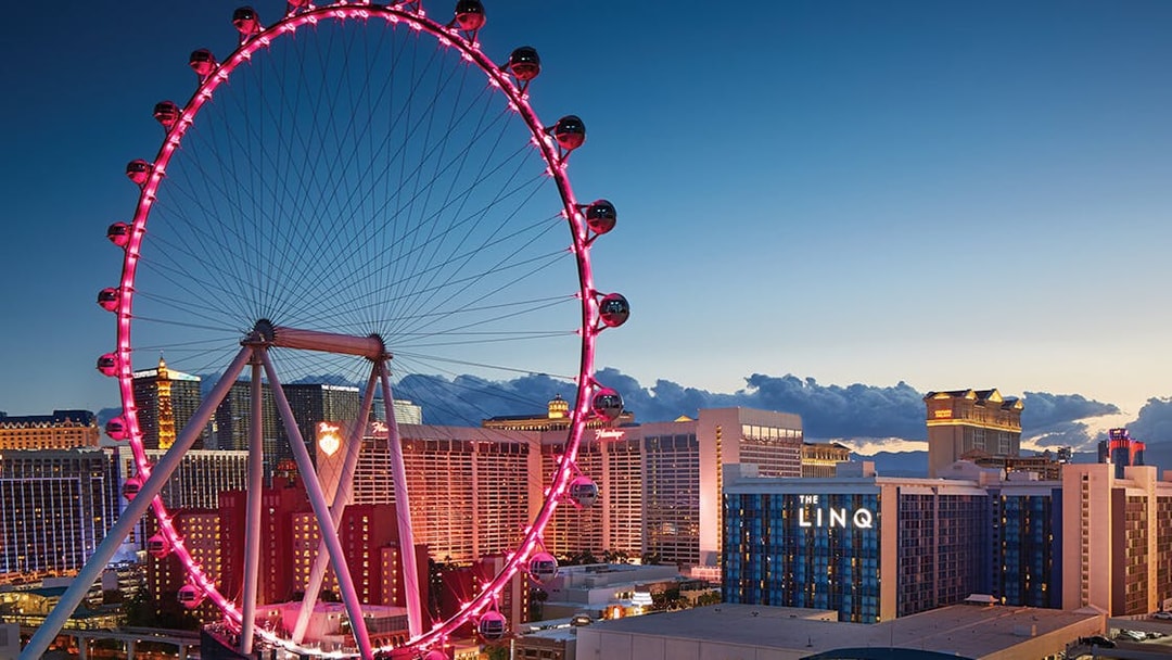 High Roller Ferris wheel illuminated at dusk near The LINQ, Las Vegas.
