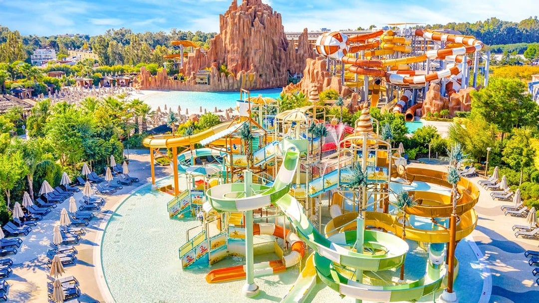 Aerial view of water slides at The Land of Legends theme park.