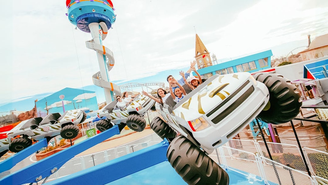 Visitors enjoying a ride at Adventure Bay, The Land of Legends theme park.