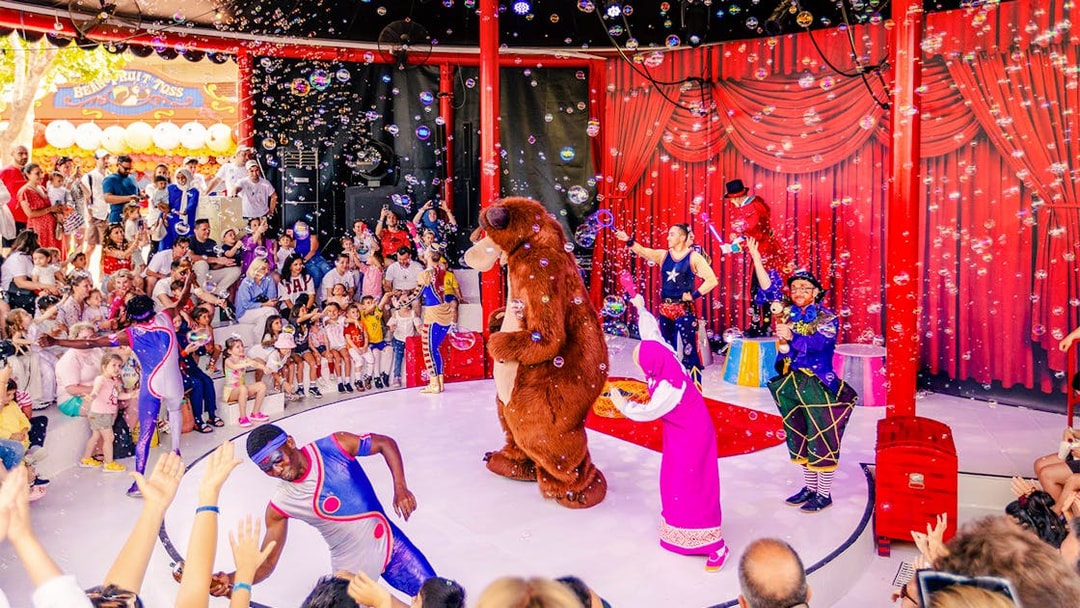 Masha and the Bear performing at The Land of Legends theme park circus show.
