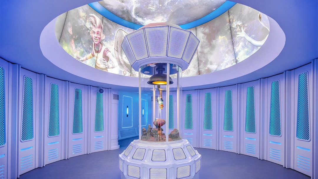 Futuristic room at Nickland in The Land of Legends theme park with space-themed decor.