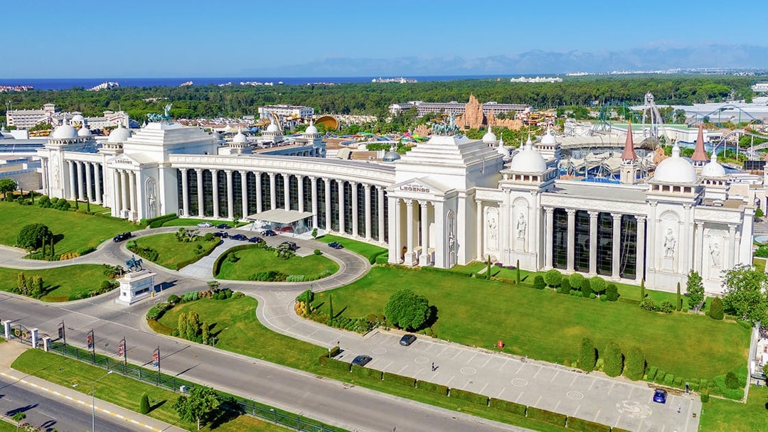 Aerial view of The Land of Legends theme park entrance, Antalya, Turkey.
