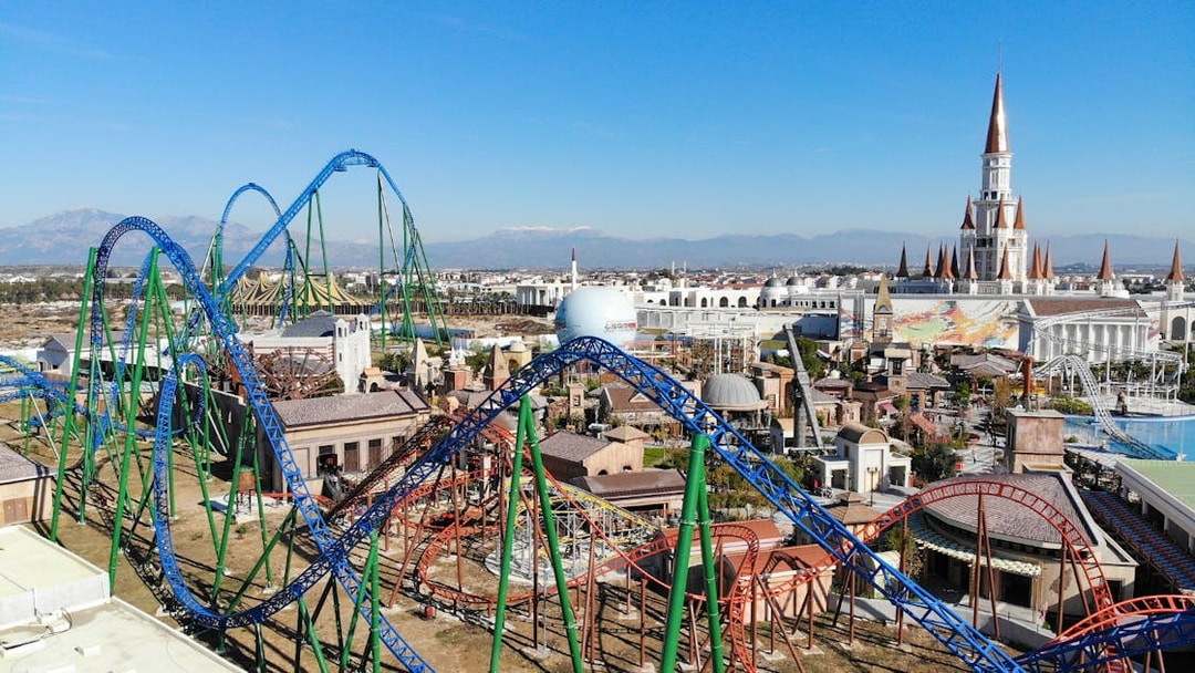 Roller coasters and castle at The Land of Legends Theme Park, Turkey.