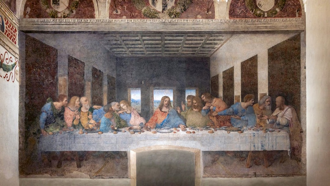 The Last Supper painting by Leonardo da Vinci in Santa Maria delle Grazie, Milan.