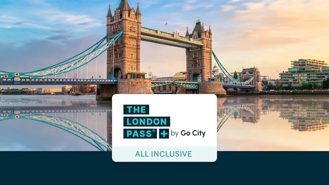 Tower Bridge in London with The London Pass by Go City logo.