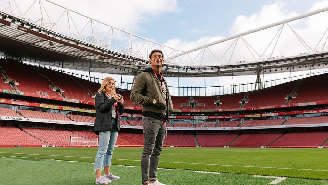 Visitors standing on the field of Emirates Stadium, London.