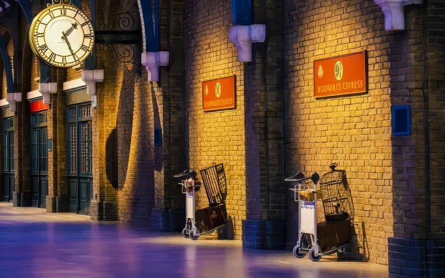 Platform 9 ¾ set at Warner Bros. Studio Tour Tokyo, featuring luggage carts against a brick wall.