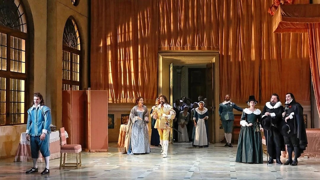 Opera performance of "The Marriage of Figaro" with actors in period costumes on stage.