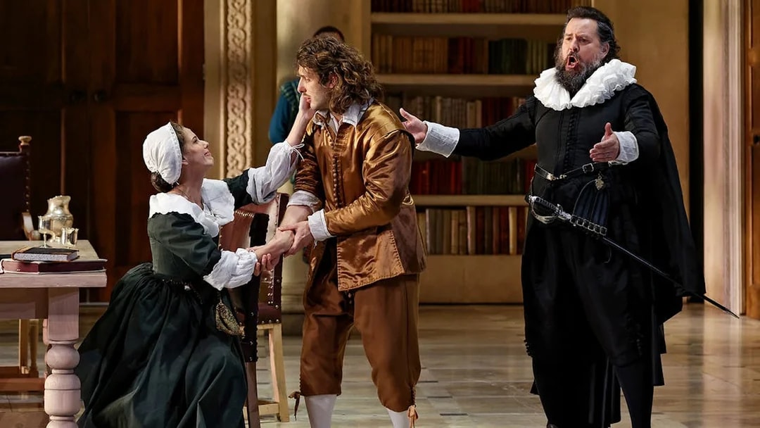 Opera performers in period costumes during a scene from The Marriage of Figaro.