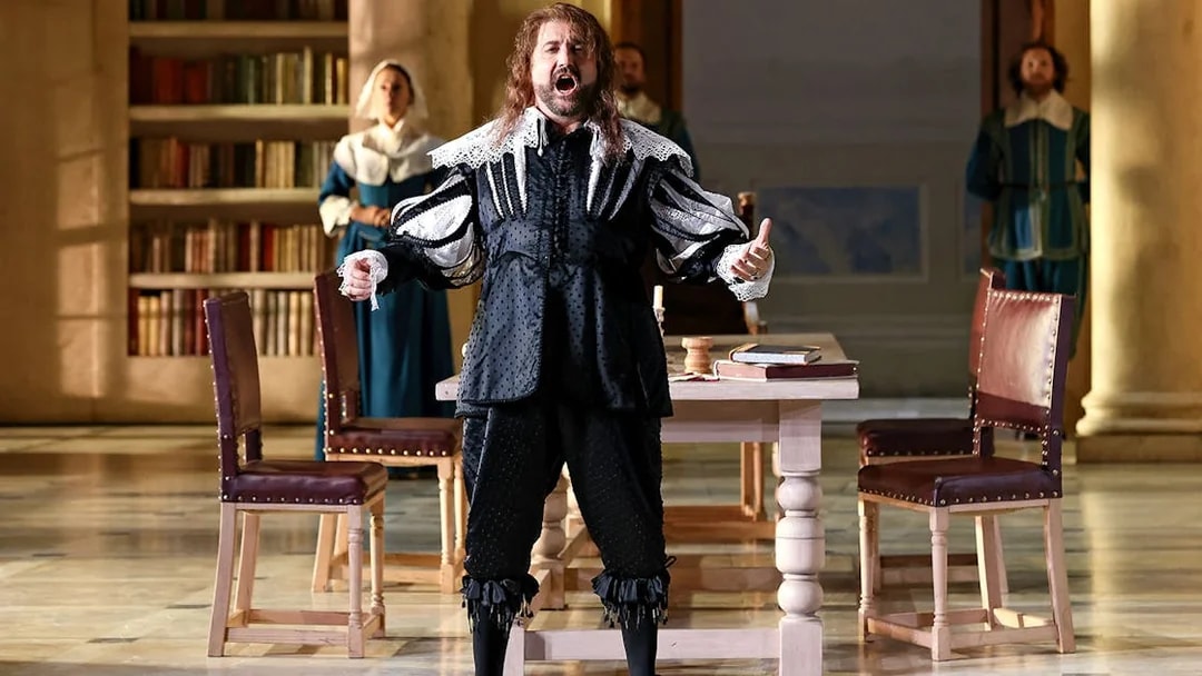Opera performer in period costume singing during "The Marriage of Figaro" scene.