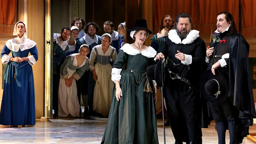 Performers in period costumes on stage during "The Marriage of Figaro" opera.