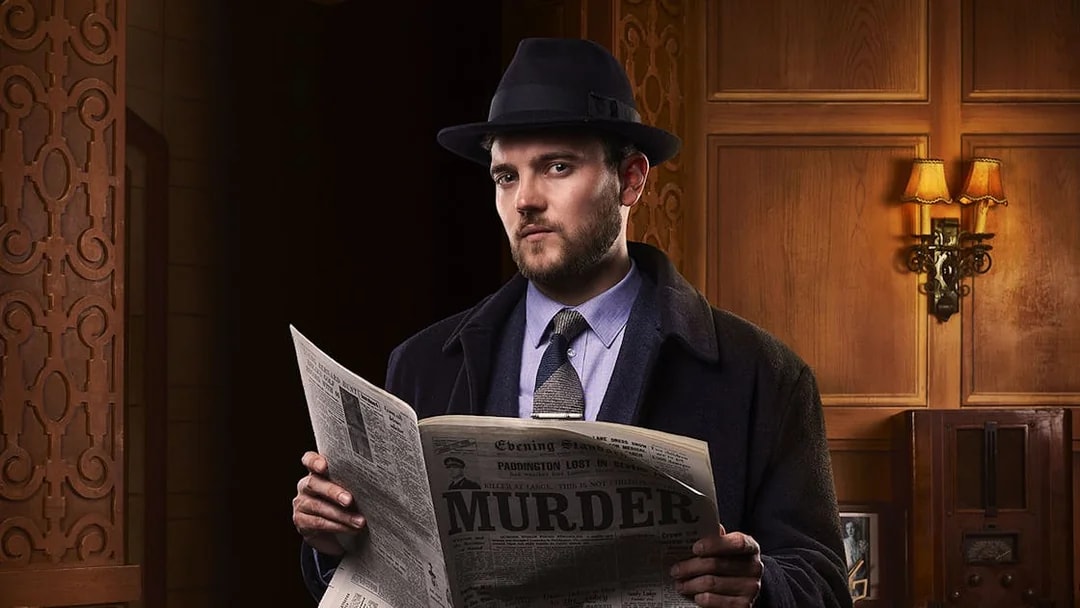 Man in vintage attire reading a newspaper with "Murder" headline, related to The Mousetrap play.