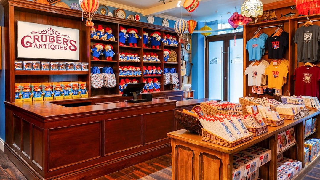 Gruber's Antiques shop with Paddington Bear merchandise in London.