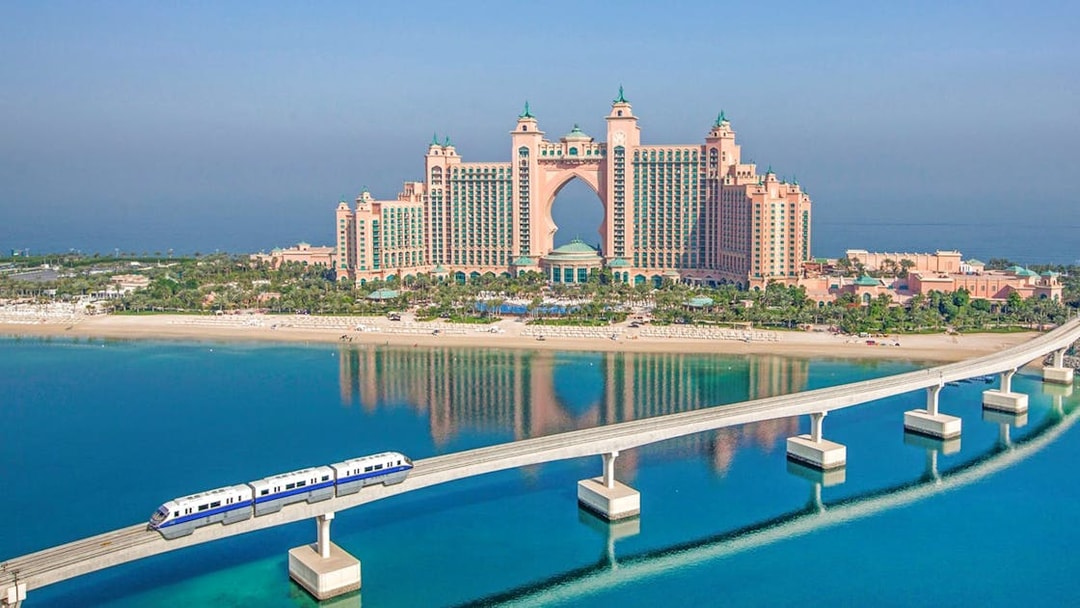 Palm Jumeirah Monorail passing Atlantis Hotel in Dubai.