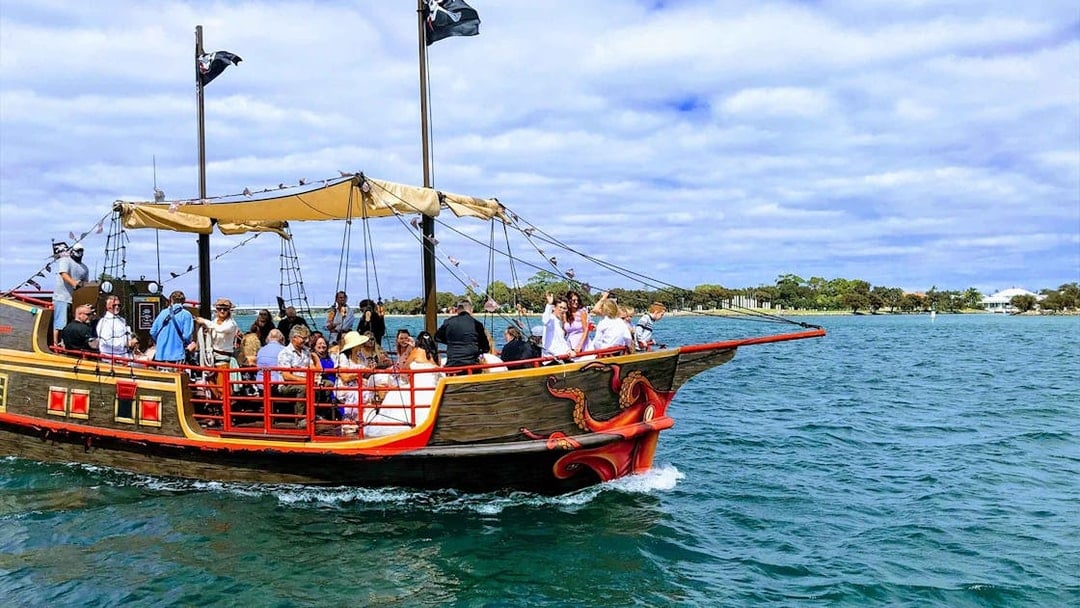 Pirate ship with passengers sailing in Mandurah waters.