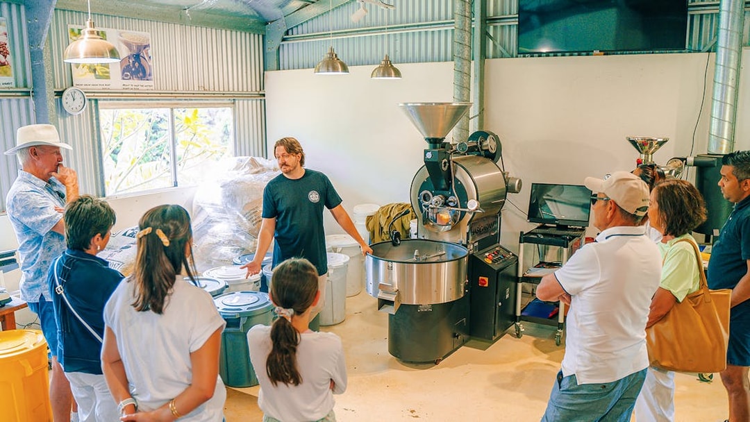 Tour group learning about coffee roasting at Tamborine Mountain.