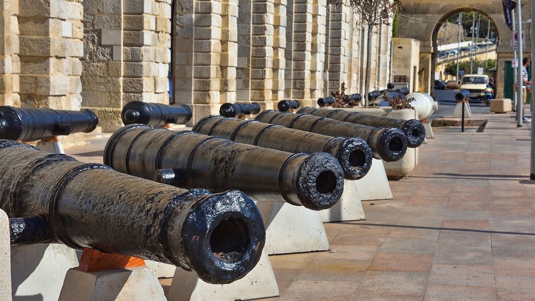 Row of historic cannons at a fortified city, part of a guided tour with boat trip.