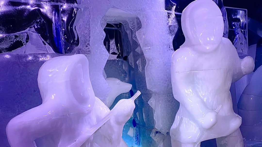 Ice sculptures of figures and animals at Berlin Icebar.