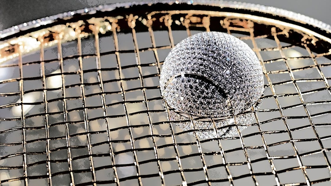 Diamond-encrusted tennis ball on a racket at Diamond Museum Amsterdam.