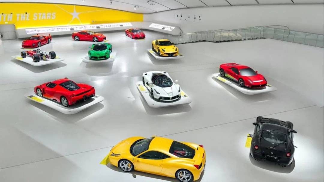 Ferrari cars displayed at Museo Enzo Ferrari Modena.