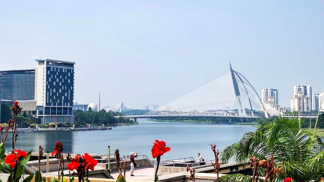 Putrajaya skyline with Seri Wawasan Bridge and lake, viewed from a garden.