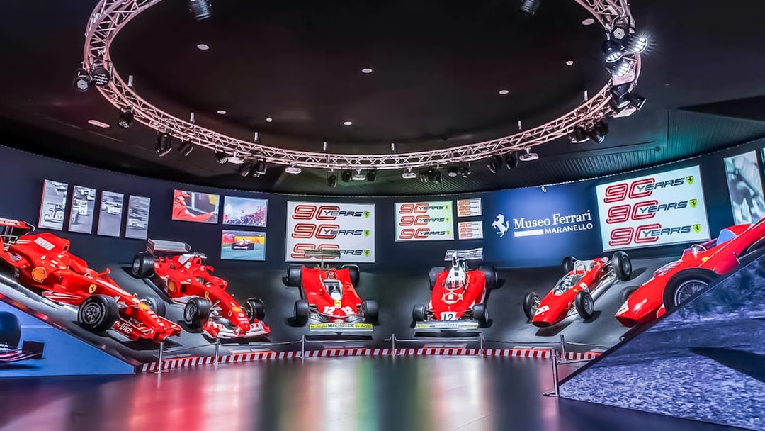 Ferrari race cars on display at the Ferrari Museum in Maranello.