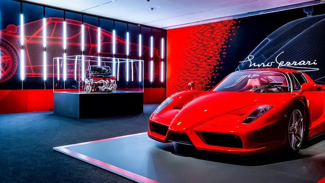 Ferrari Enzo and engine display at Ferrari Museum in Maranello.