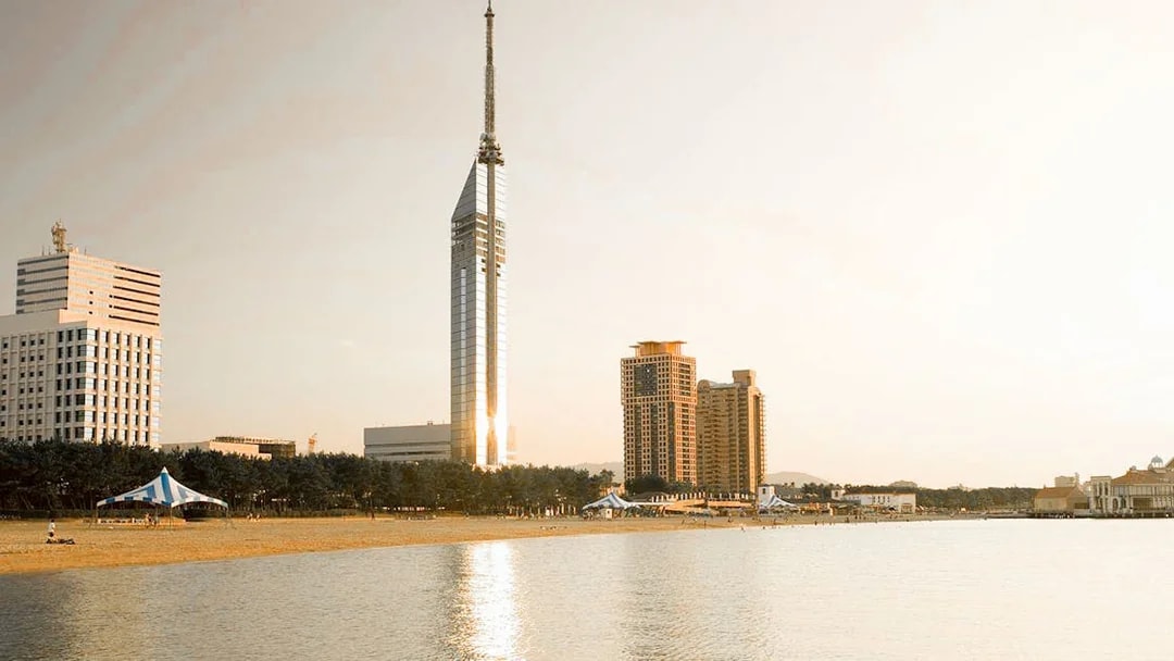 Fukuoka Tower with beach and cityscape in Fukuoka, Japan.