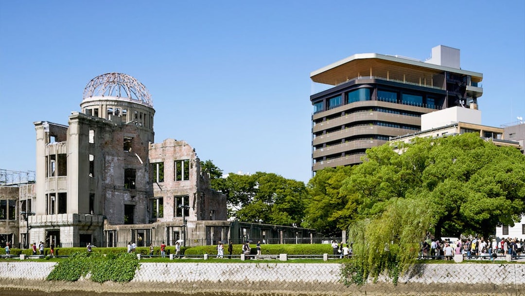 Hiroshima Peace Memorial and Orizuru Tower in Hiroshima, Japan.