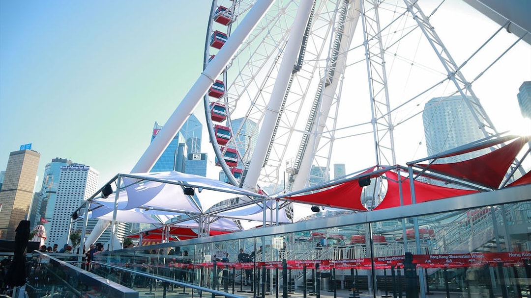 Hong Kong Observation Wheel with city skyline in the background.