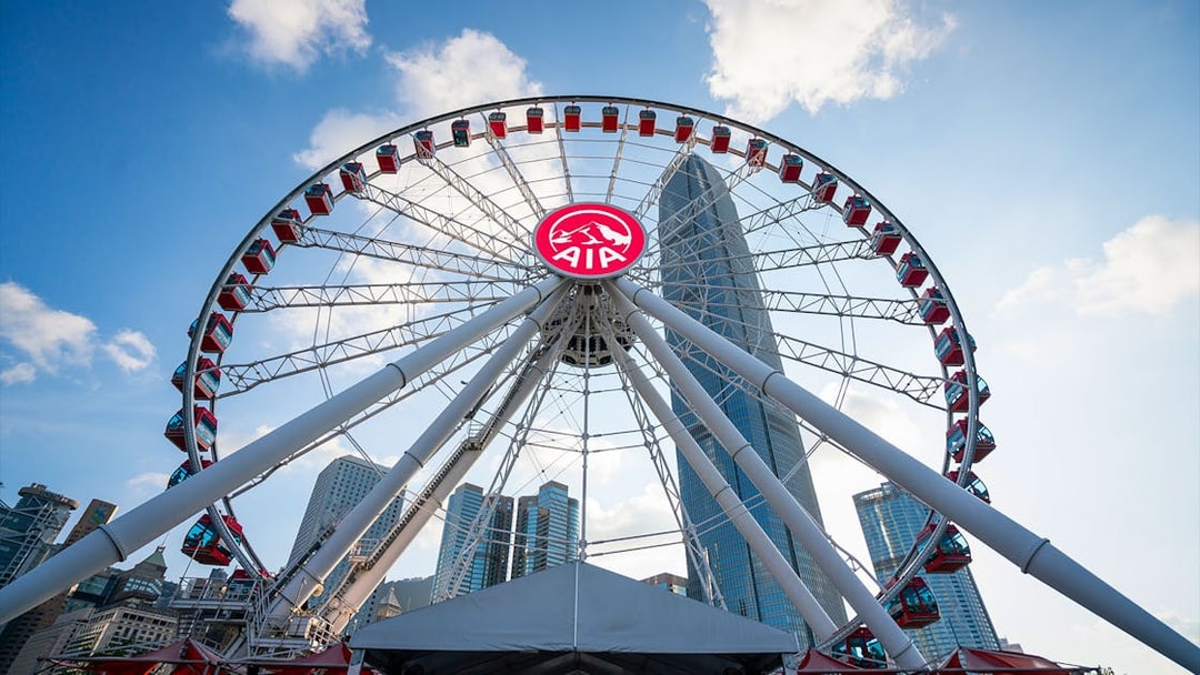Hong Kong Observation Wheel with city skyscrapers in the background.