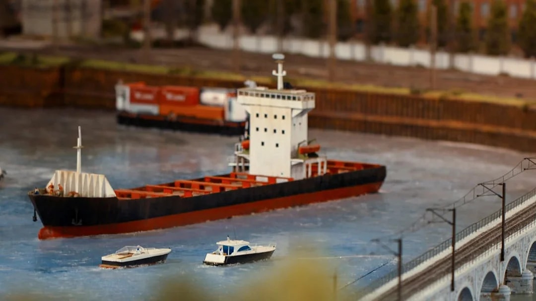 Miniature cargo ship and boats on water at Hzero Railway Enterprise exhibit.