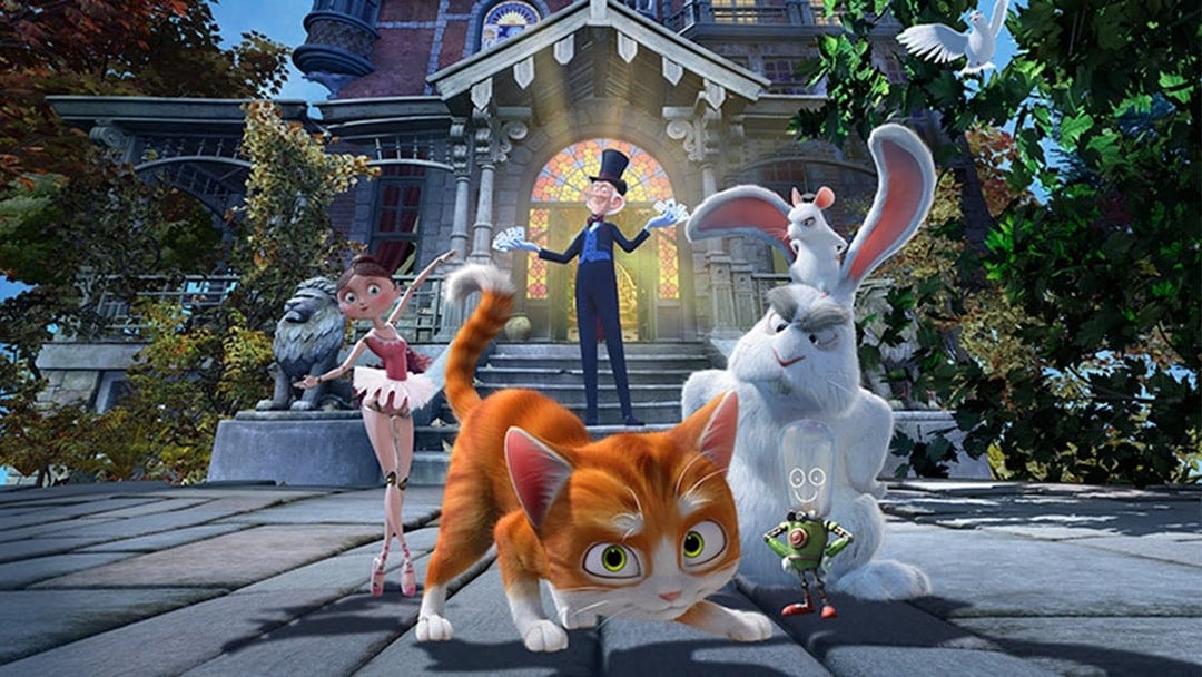 Characters in front of a whimsical mansion at Katmandu Park.