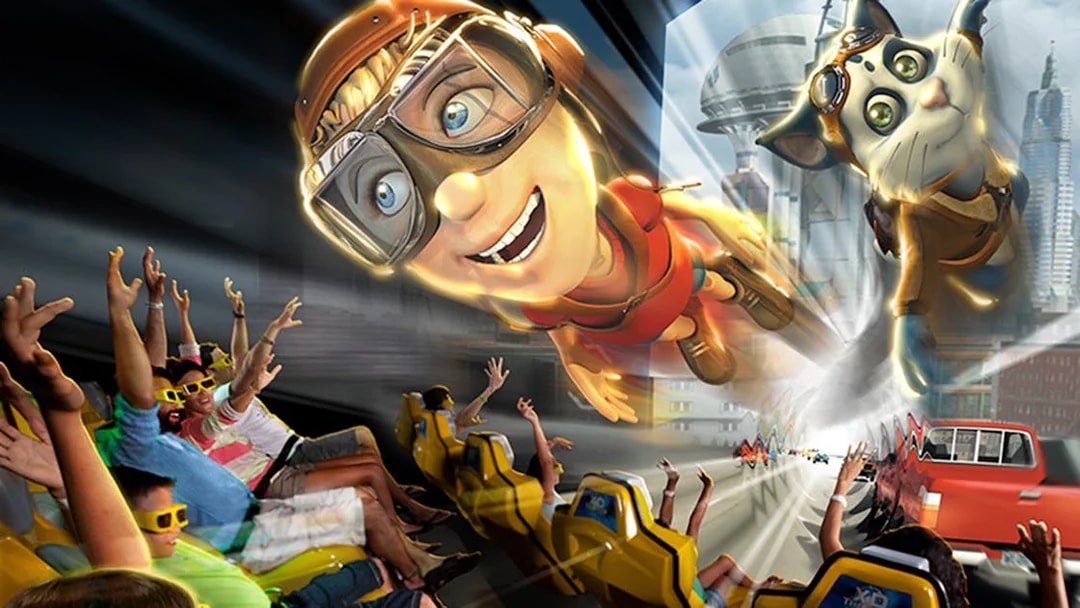 Visitors enjoying a 4D ride experience at Katmandu Park with animated characters flying overhead.