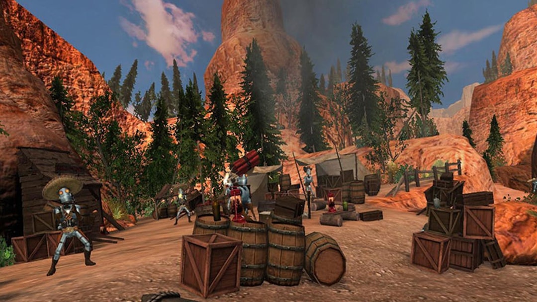 Wild West-themed area with animatronic figures and wooden crates at Katmandu Park.