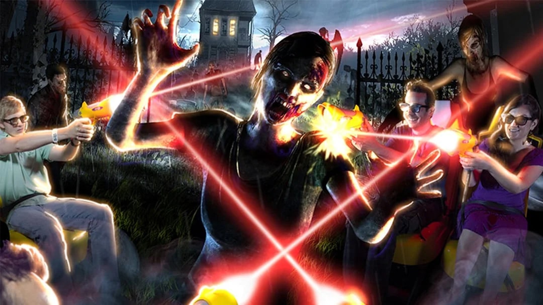 Visitors at Katmandu Park engaging in a zombie-themed laser tag attraction.