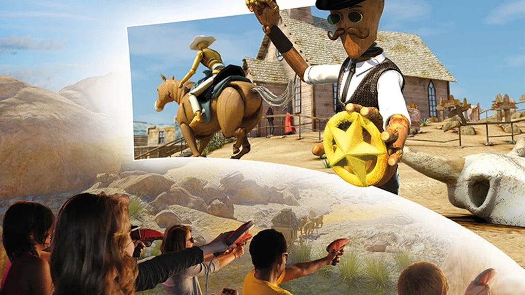 Visitors engaging in an interactive Wild West-themed attraction at Katmandu Park.