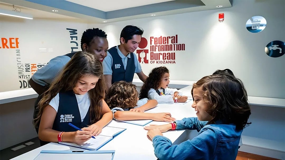 Kids engaging in activities at the Federal Information Department, Kidzania, Abu Dhabi.