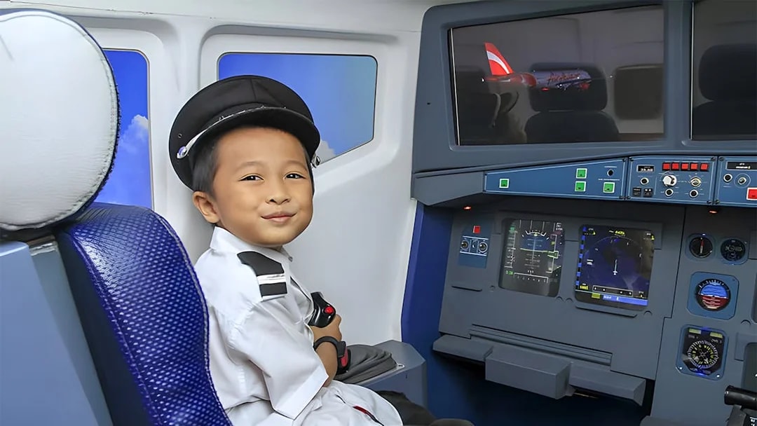 Boy in pilot uniform in airplane cockpit simulator, Kidzania, Abu Dhabi.