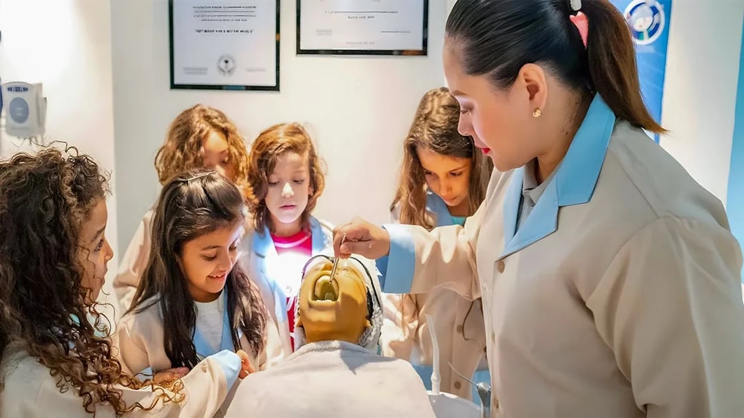 Kids assisting a dentist with a dental mannequin at Kidzania, Abu Dhabi.