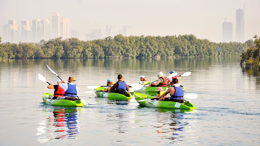 Kayakers paddling through mangroves with Abu Dhabi skyline in the background.