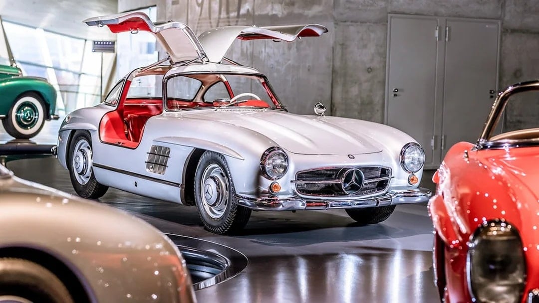 Classic Mercedes-Benz 300SL with gullwing doors inside Mercedes-Benz Museum.
