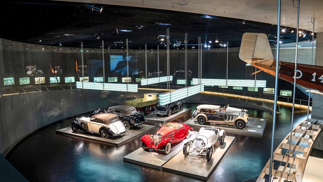 Classic cars displayed inside Mercedes Benz Museum, Stuttgart.