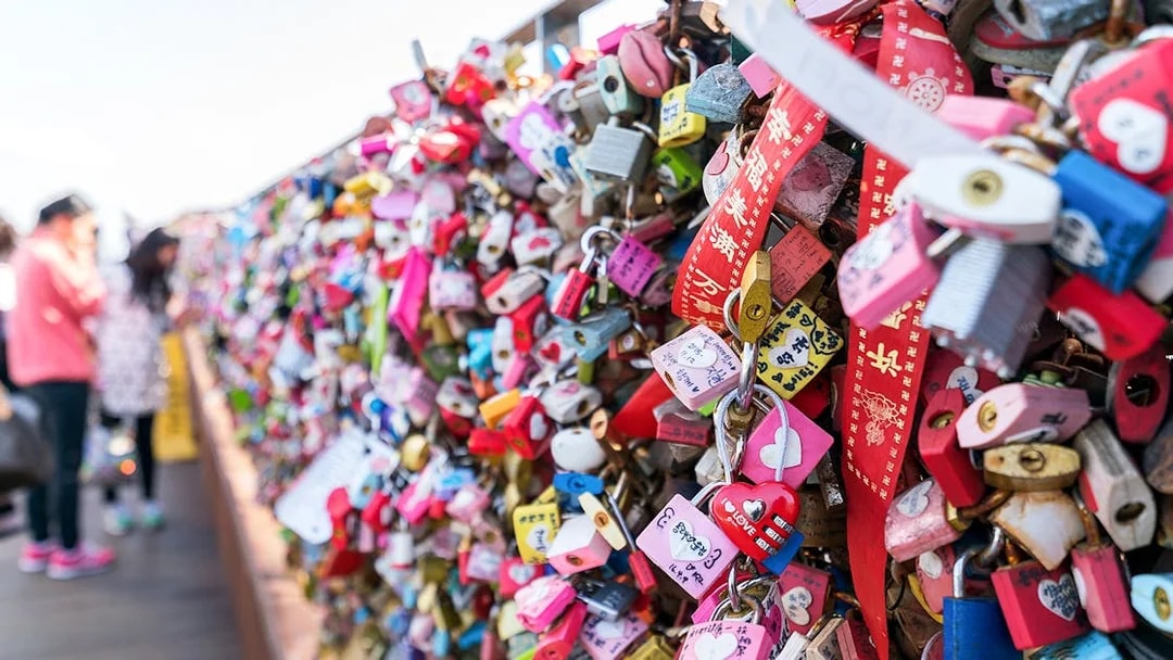 Love locks on fence at N Seoul Tower, South Korea.